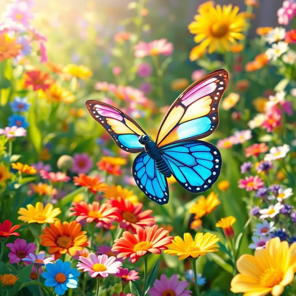 A colorful garden filled with various flowers and plants, a beautiful butterfly named Buddy with bright wings flying happily, sunlight shining down, vibrant colors, digital art, joyful atmosphere, high quality