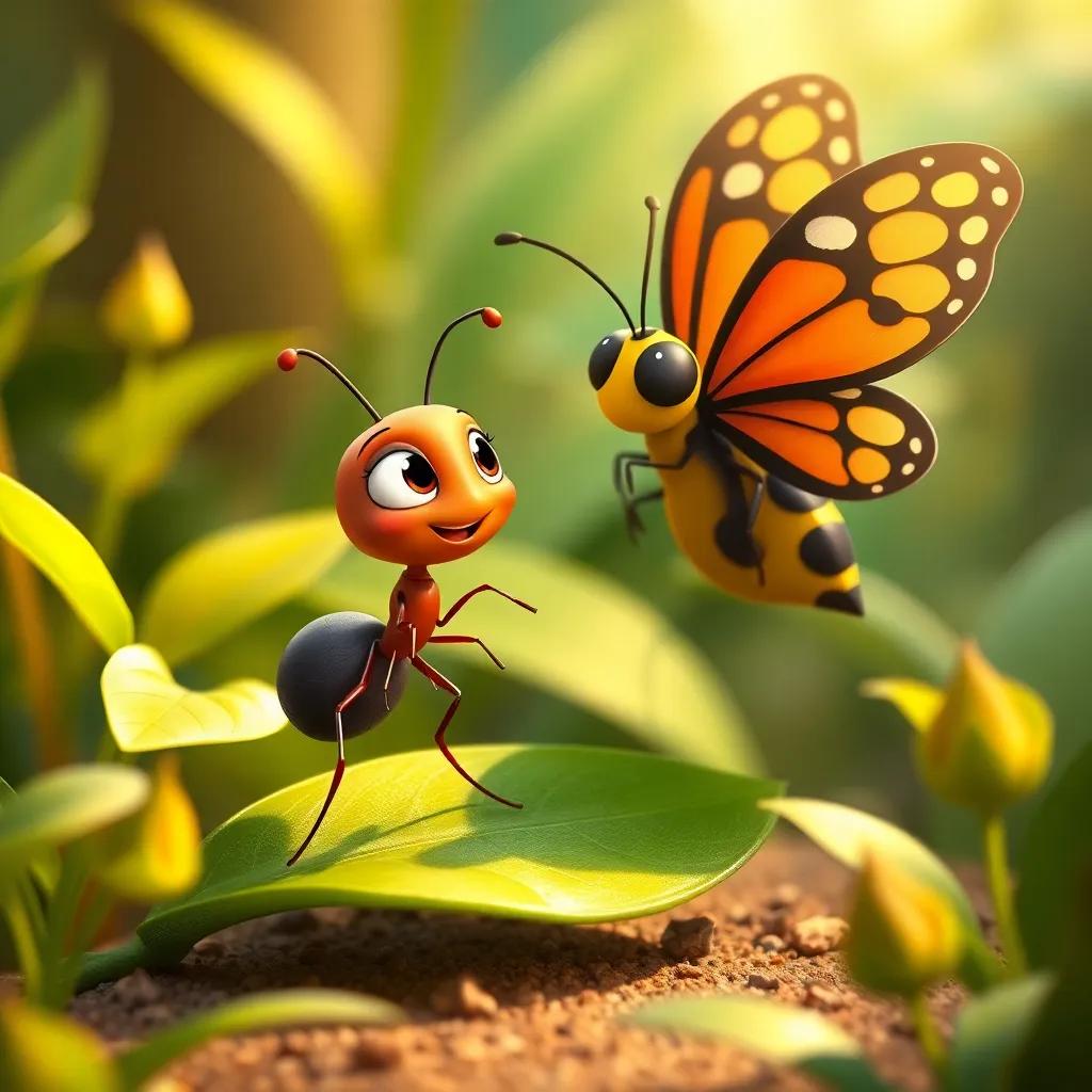A cute ant named Penny with small antennae and tiny legs, standing on a leaf talking to Buddy the butterfly, surrounded by green plants, cheerful look, warm light, detailed illustration, friendly vibe