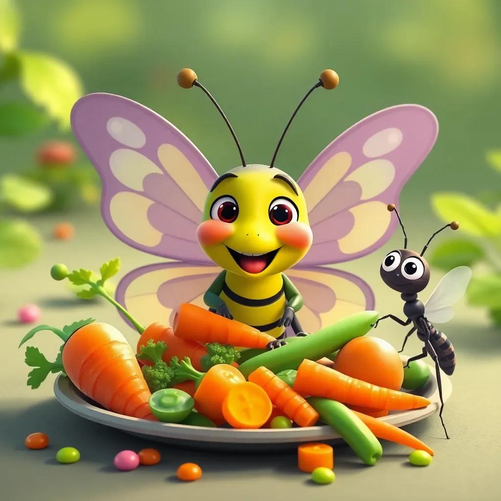 Buddy the butterfly happily eating vegetables like carrots and peas, bright colors and shapes, with Penny the ant cheering him on, wholesome scene, light and cheerful, high quality