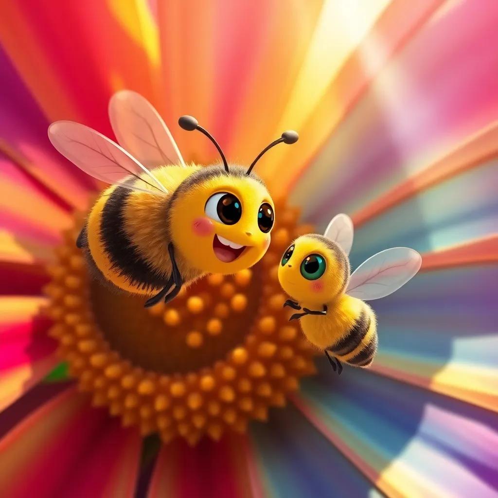 A buzzing bee named Bella flying near a colorful flower, with Buddy sipping nectar from the petals, sunlight filtering through the leaves, bright and colorful, lively digital art, joyful mood