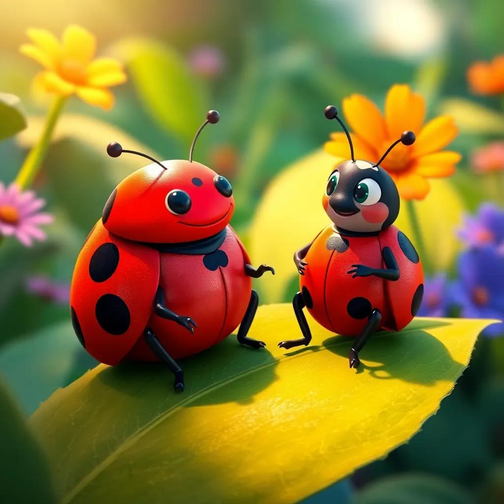 A ladybug named Leo with a red body and black spots, sitting on a leaf with Buddy, sharing tips about food, in a vibrant garden setting, warm light, friendly atmosphere, colorful details