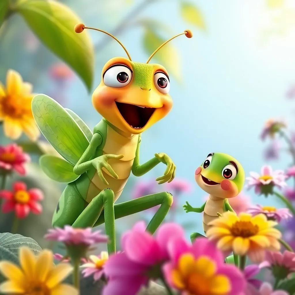 A grasshopper named Gilly singing a lively song with Buddy, surrounded by flowers and greenery, colorful and animated expression, storybook style, vivid colors, high quality