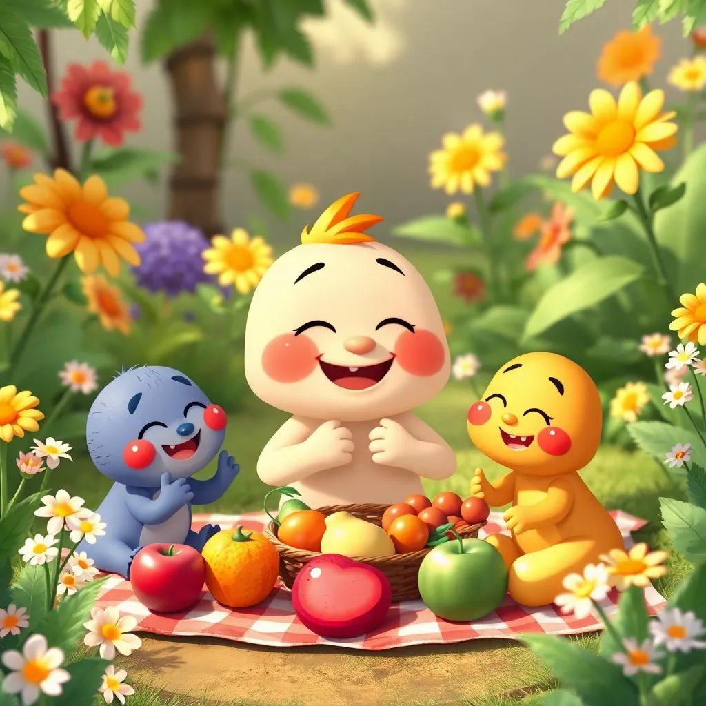Buddy with his garden friends enjoying a picnic of fruits, flowers around them, laughter and joy, bright colors, warm and inviting scene, cheerful illustration, high quality