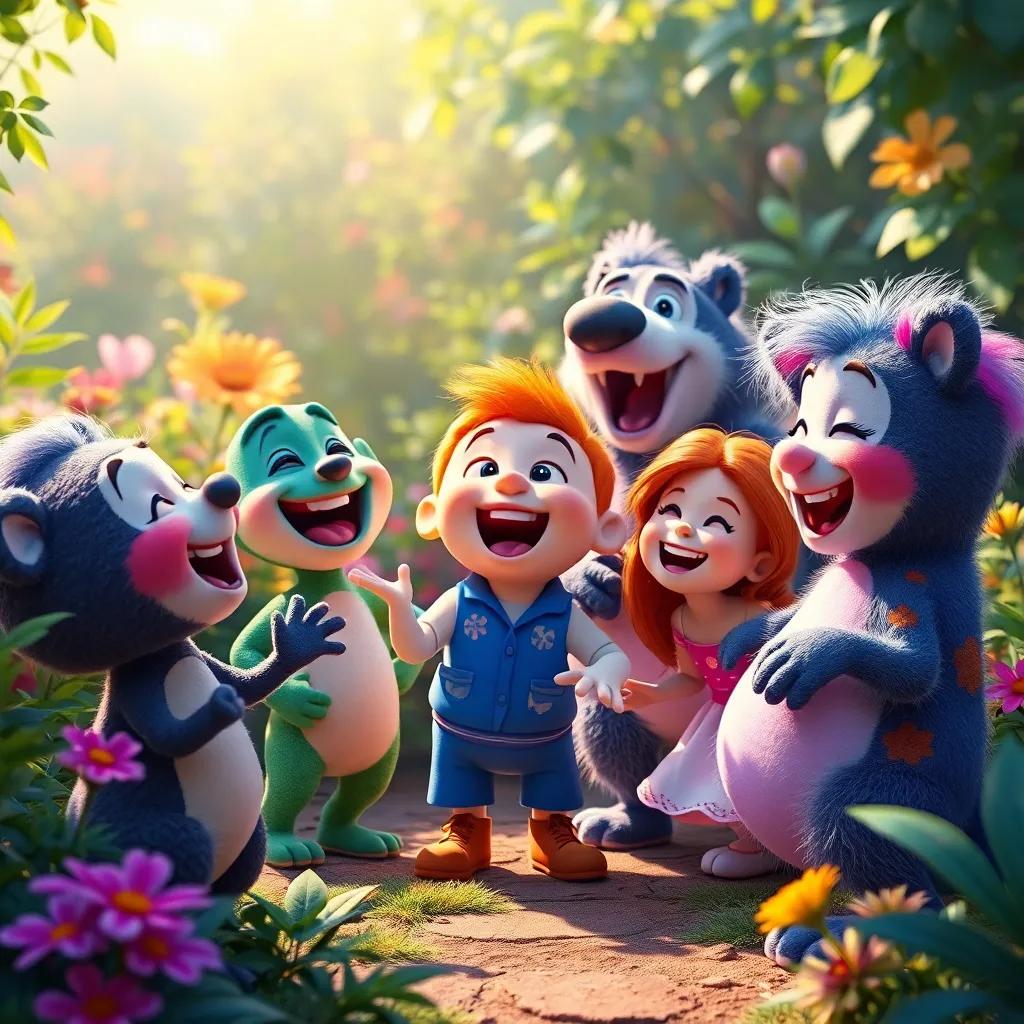 Buddy and his friends singing and dancing together in the garden, a mix of colors and nature all around, happy expressions on all their faces, bright light, joyful and colorful scene, quality art
