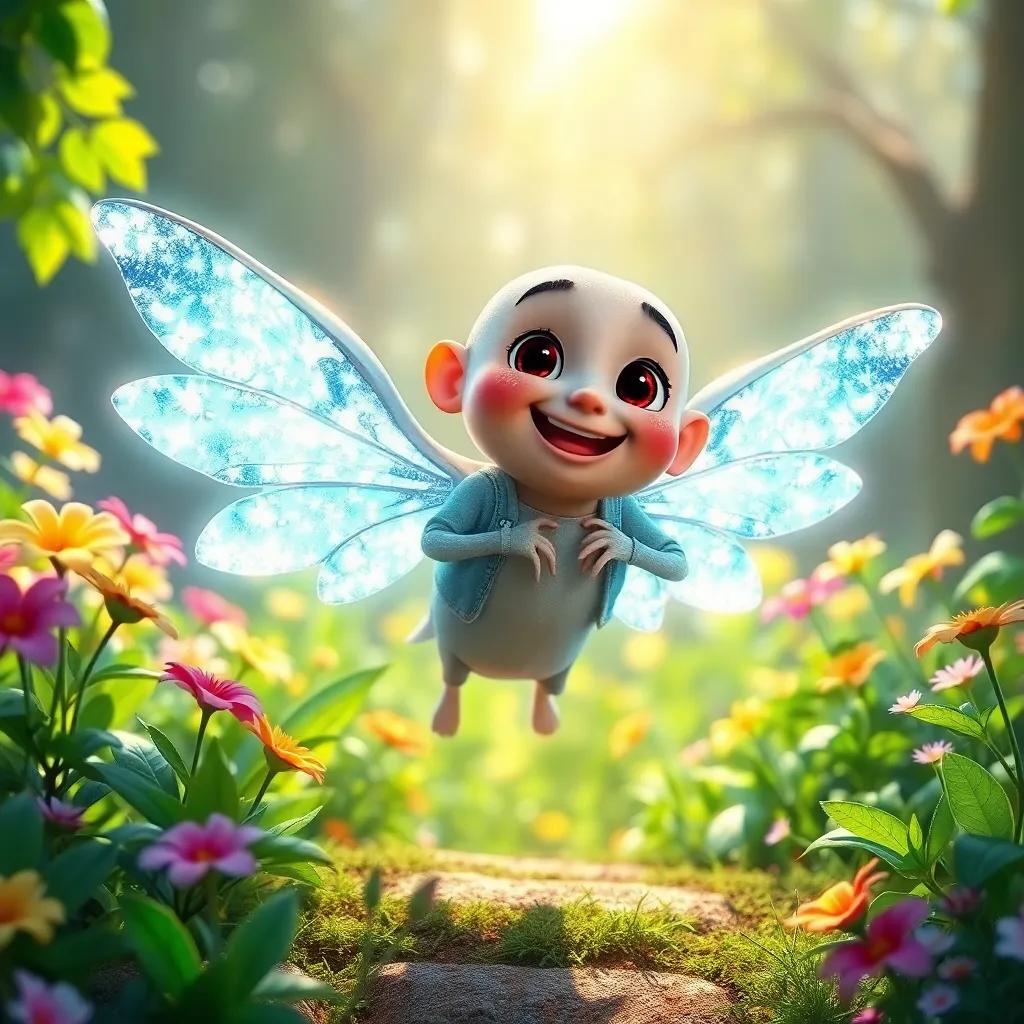 Buddy's wings sparkling in the sunlight with nature all around him, flowers blooming, cheerful colors, inviting garden atmosphere, high quality