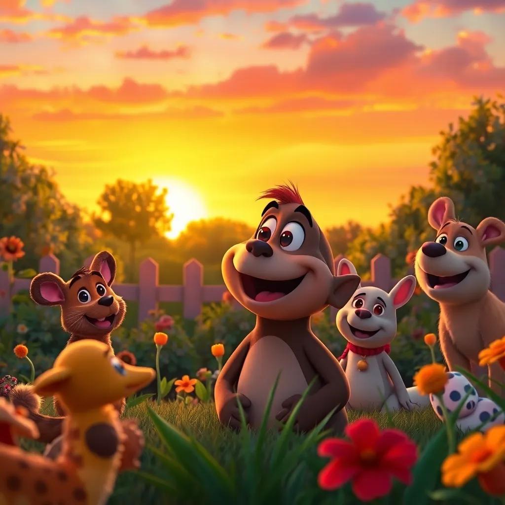 A sunset view in the garden where Buddy looks delighted among his friends, colors blending in the sky, warm and cheerful vibes, a heartfelt scene, digital art, quality illustration