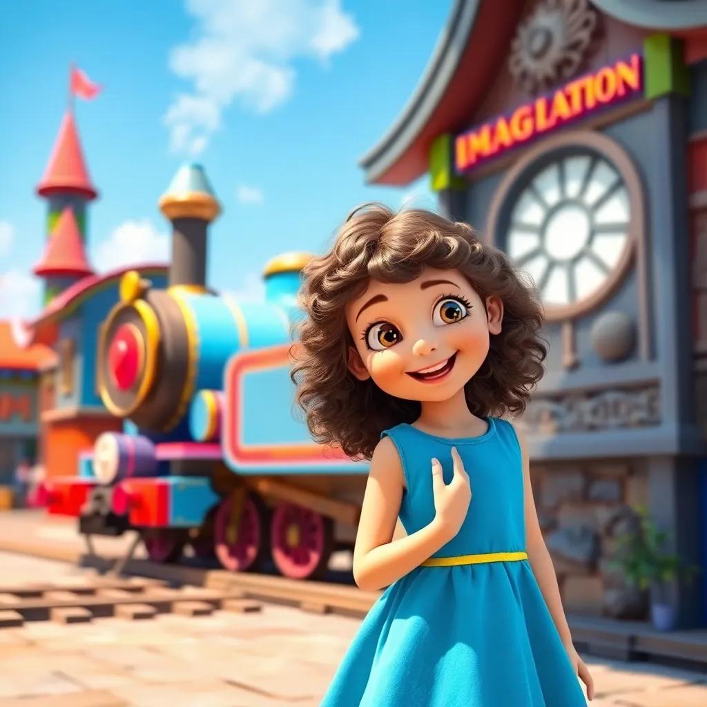 A young girl, Emma, with curly brown hair wearing a bright blue dress, standing excitedly in front of a magical train at the Imagination Station, colorful environment, sunny day, whimsical scenery, digital art, cheerful, high quality