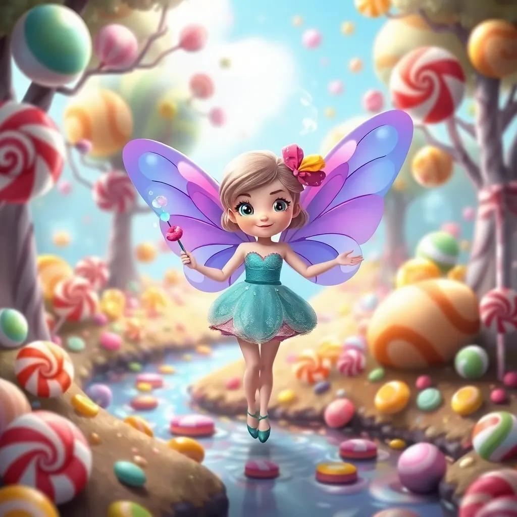 Emma as a candy fairy in the land of candy, with sugar wings and a magical wand, surrounded by trees made of lollipops and rivers of chocolate, whimsical candy land, colorful and sweet, digital painting, fun and inviting, high quality