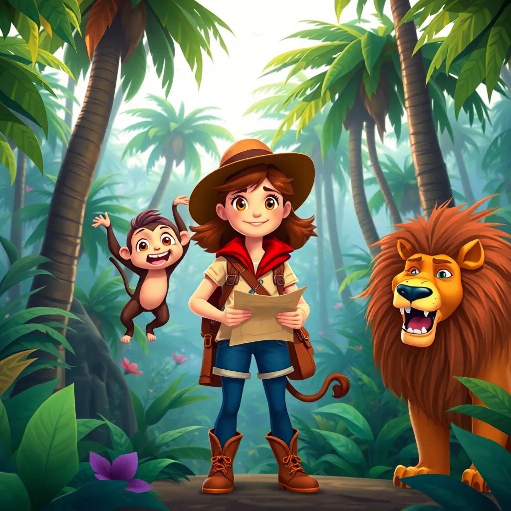 Emma transformed into a brave explorer with a map and a hat, standing in a jungle filled with tall trees and exotic animals, Mia as a clever monkey swinging, Jack as a roaring lion beside her, vibrant jungle, adventurous spirit, cartoon style, engaging