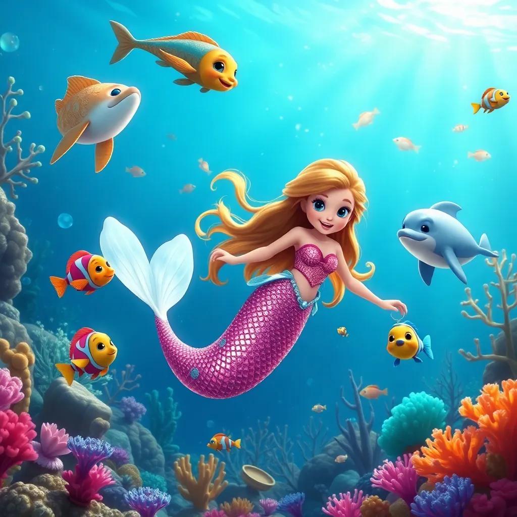 Emma as a mermaid with a shiny tail swimming in an underwater world, colorful fish and corals around her, Mia as a bright fish and Jack as a playful dolphin, sunny underwater scene, magical and vibrant, digital art, delightful imagery
