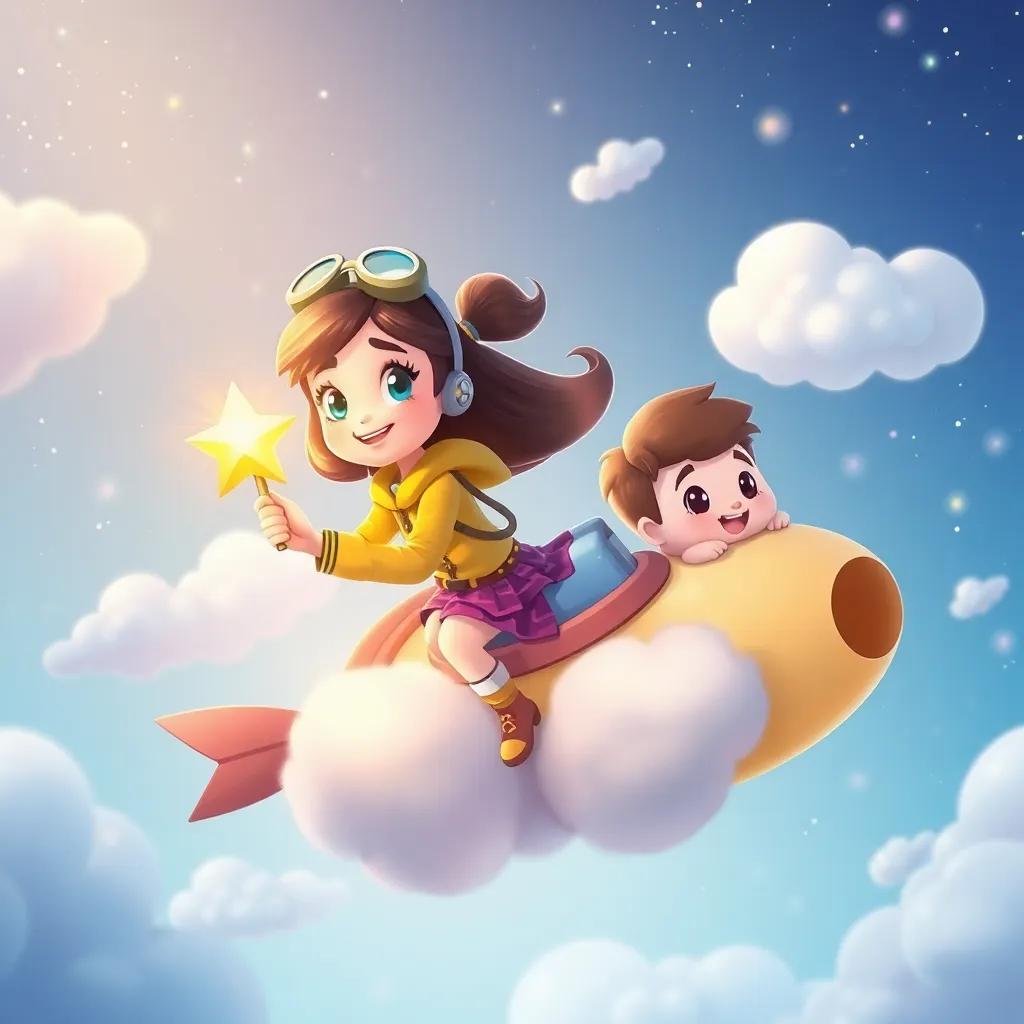Emma as a daring pilot among fluffy clouds, Mia as a sparkling star and Jack as a fluffy cloud drifting beside her, flying through a starry sky, whimsical and dreamy atmosphere, bright colors, cartoon style, lively