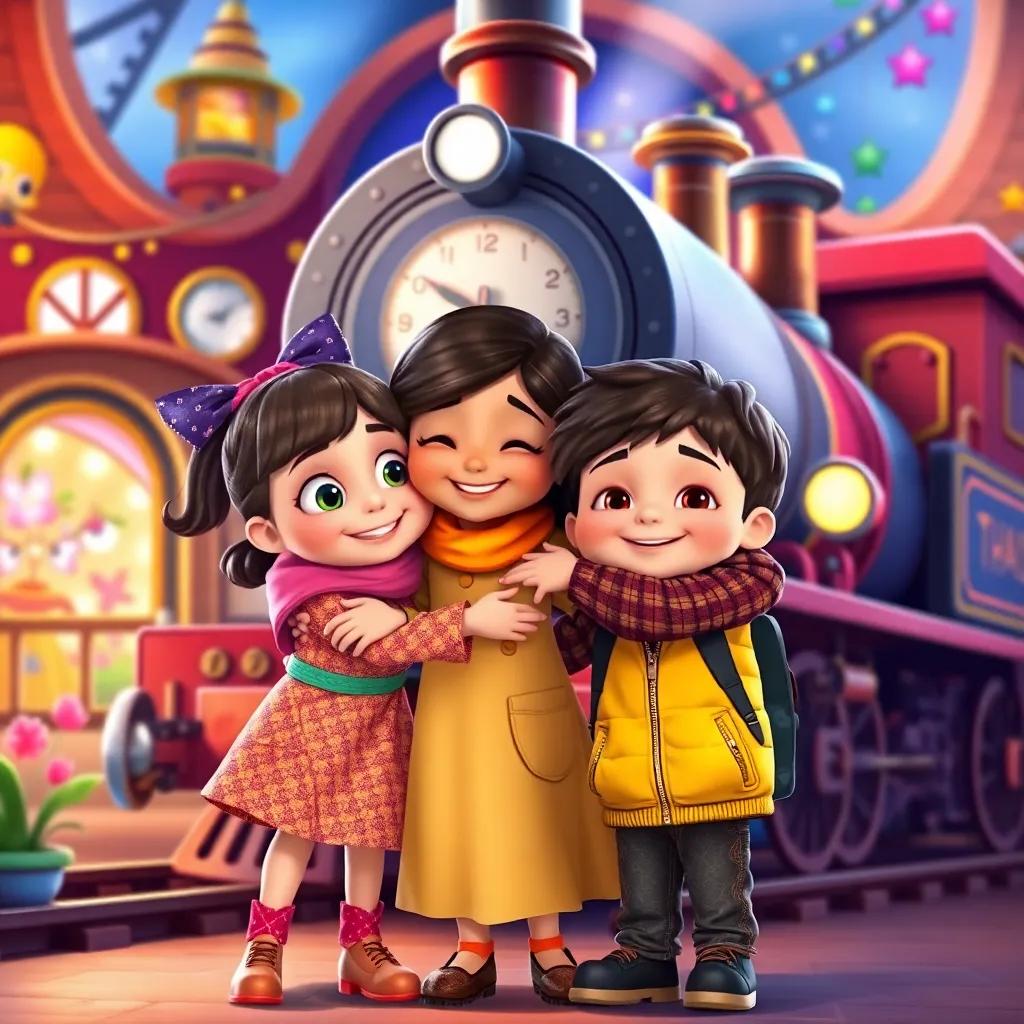 Emma, Mia, and Jack hugging each other after their adventures, excitement in their eyes, standing in front of the magical train, colorful Imagination Station environment, heartwarming scene, digitally illustrated, joyful and vibrant