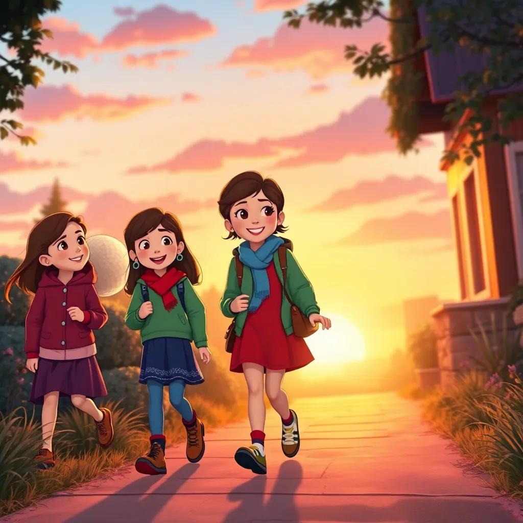Emma and her friends walking home, sharing stories and laughing, sunset background with a warm glow, feeling happy after their adventures, colorful surroundings, digital illustration, cozy and inviting