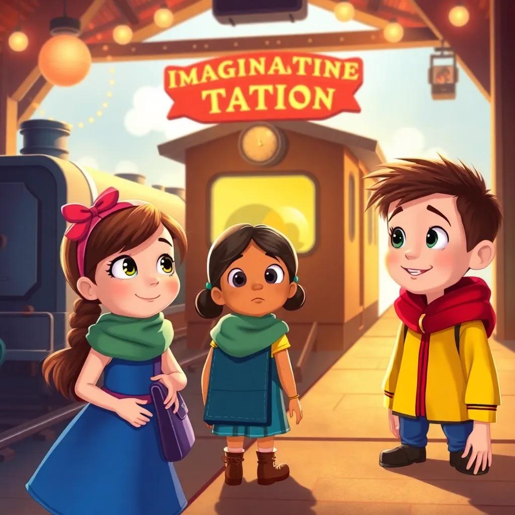 Emma, Mia, and Jack back at the Imagination Station, looking wide-eyed at the train ready for another adventure with their hearts full of wonder, delightful train station scene, whimsical and magical feel, high-quality illustration