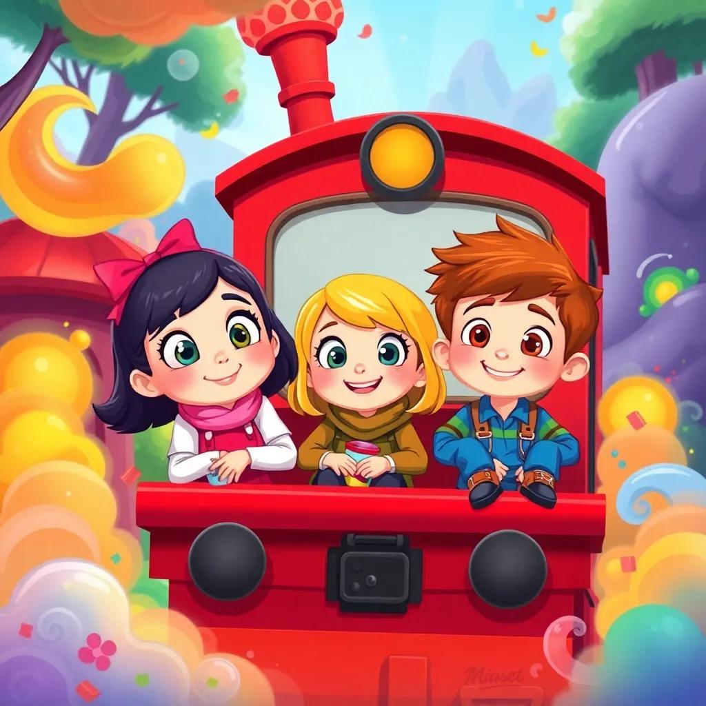 Emma, Mia, and Jack together on the train, ready for new adventures, with the train puffing colorful steam surrounding them, vibrant imagination-filled environment, delightful children’s artwork, cheerful and optimistic