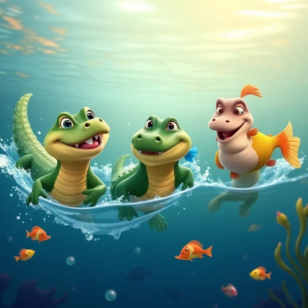 A friendly gator team, splashing through the lake, with Bella, a young gator with a cute smile, and Timmy, a playful gator, talking to Finn, an old wise fish, underwater scene with colorful fish and plants, joyful, adventure-themed, high quality