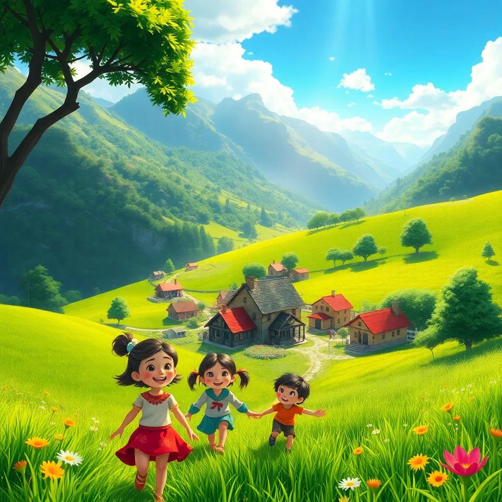 A small village surrounded by lush green fields and distant mountains, children joyful in the foreground, bright sunlight shining down, vivid colors, cheerful atmosphere, digital painting, high quality