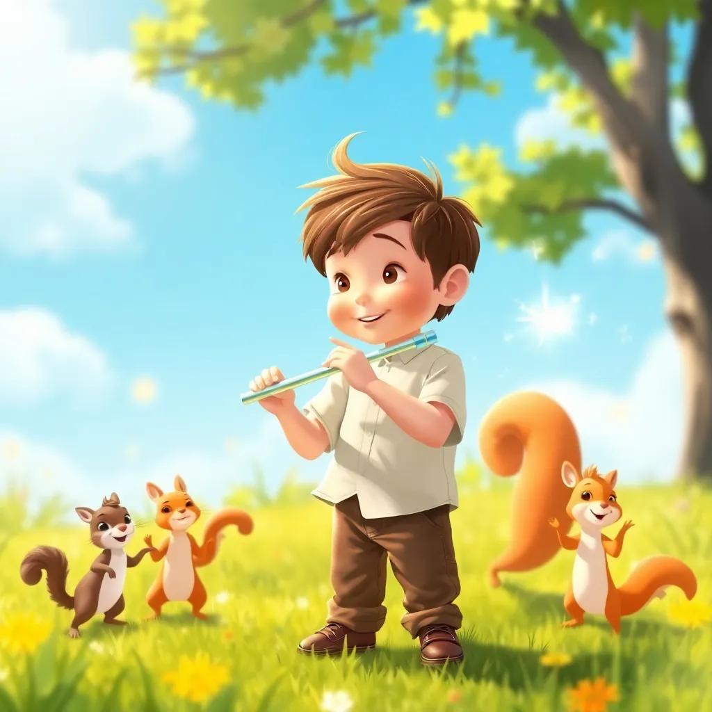 A young boy, George, with tousled brown hair and wearing a simple white shirt and brown pants, standing in a sunny meadow, playing a sparkling magic flute, surrounded by dancing animals like squirrels and bunnies, illustration, vibrant colors, joyful scene, child-friendly