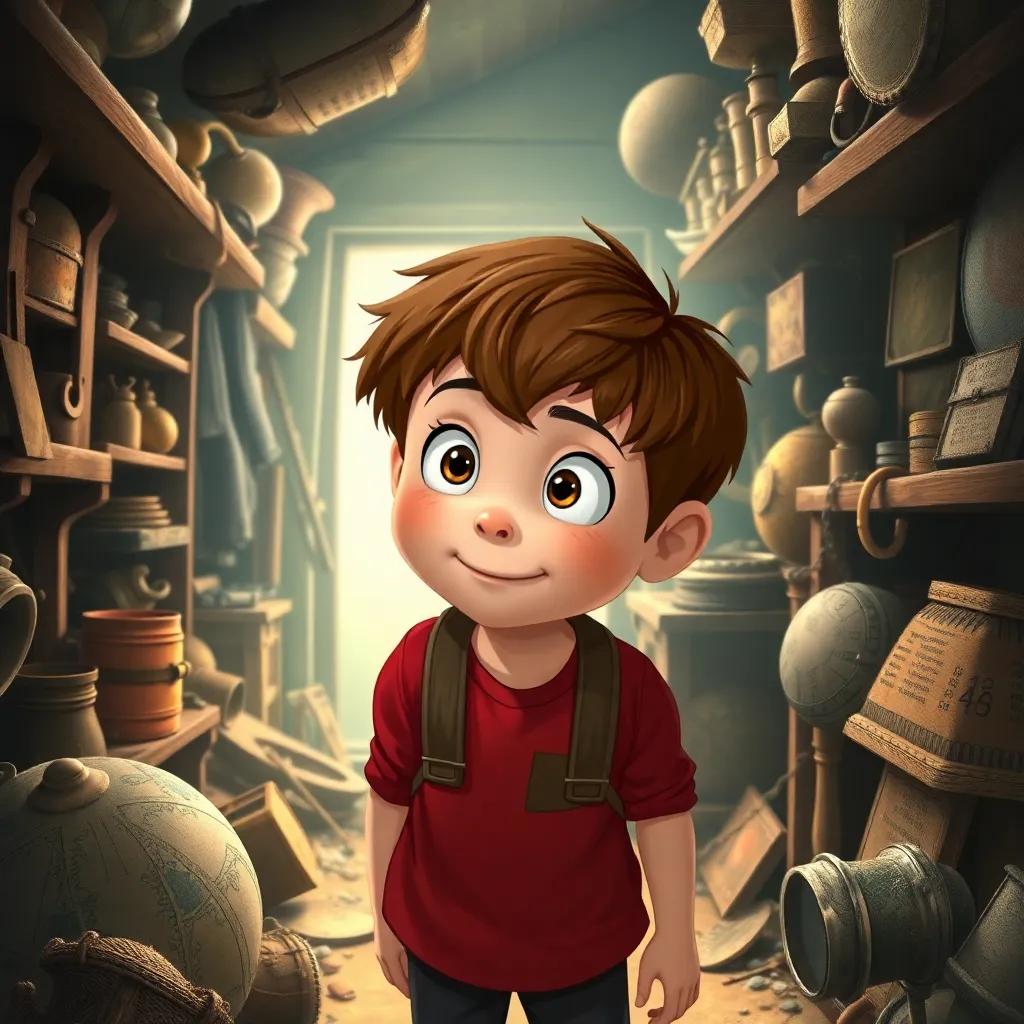 Oliver, a curious boy, with brown hair and a red shirt, exploring his grandfather’s attic filled with dust and old items, a sense of wonder and excitement, detailed illustration, adventure-themed, child-friendly