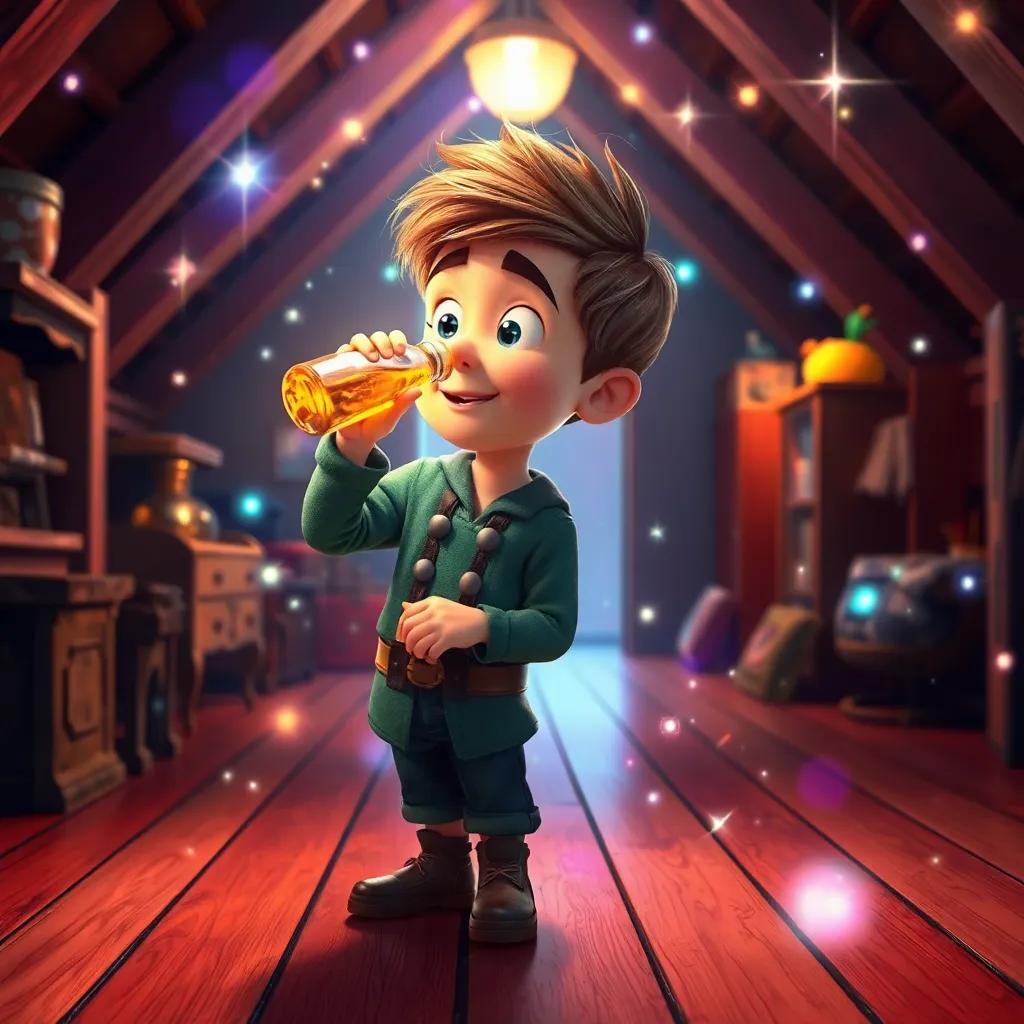 Oliver sipping from a shiny old bottle, standing on a wooden floor in the attic, with a magical shimmer around him, vibrant colors, sparkling effects, engaging perspective, immersive composition