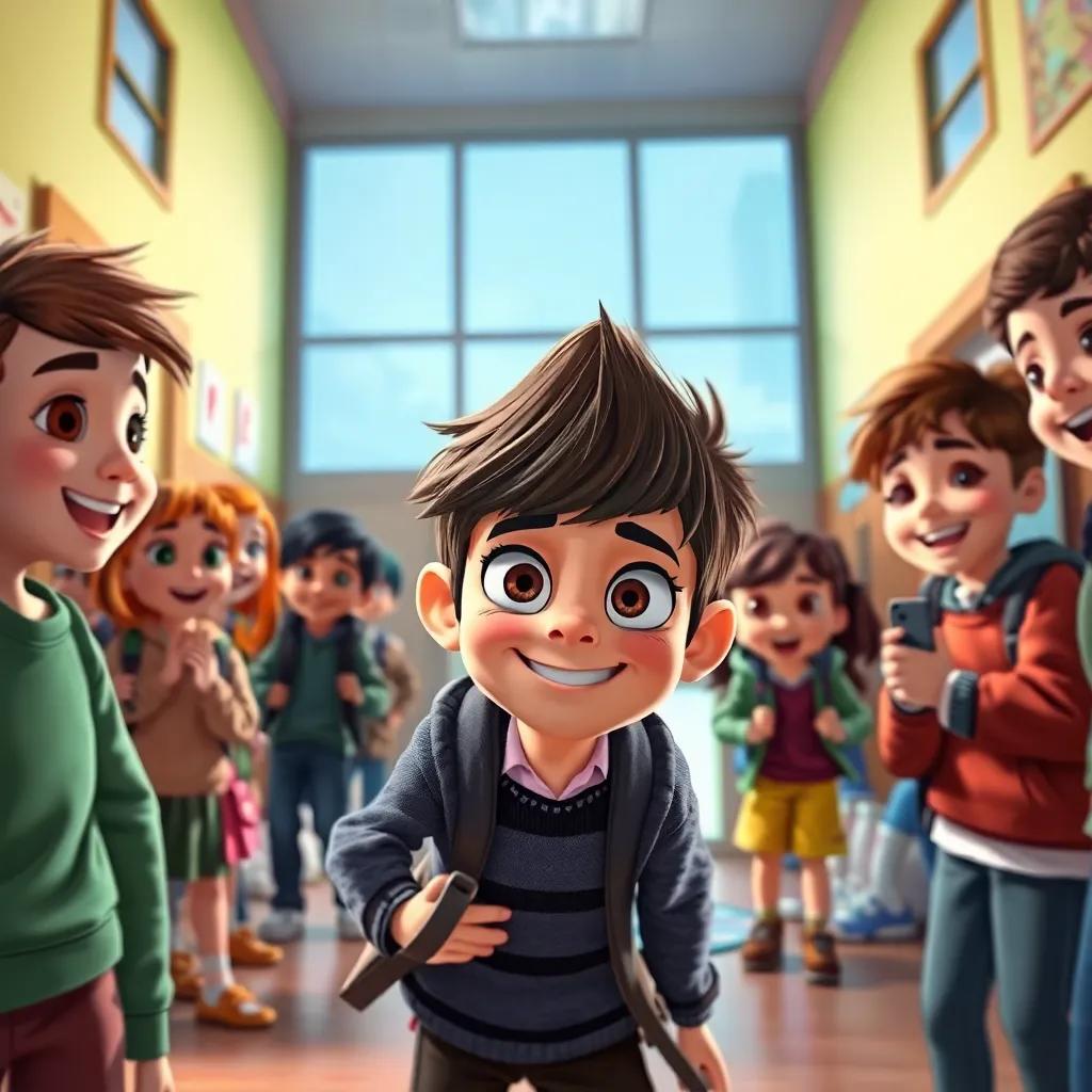 Oliver, now invisible, playing pranks, sneaking around a school with surprised classmates and laughter, a thrilling atmosphere of fun and mischief, colorful, dynamic scene, cartoonish style