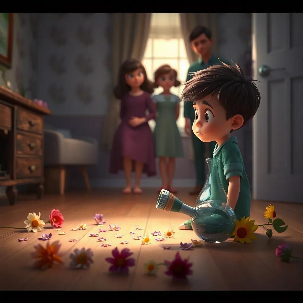 The broken vase on the floor with flowers scattered around, with Oliver looking sad, his parents in the background looking worried, soft light, emotional moment, storytelling view, high detail