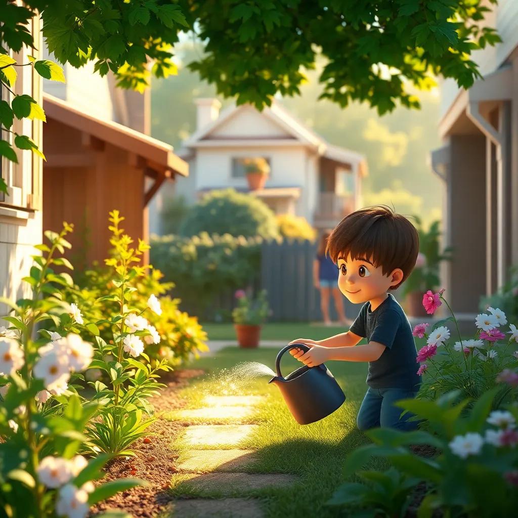Oliver secretly helping neighbors, watering plants, vague shimmering figure of him, lovely garden, smiling neighbors in the background, warm light, heartwarming imagery