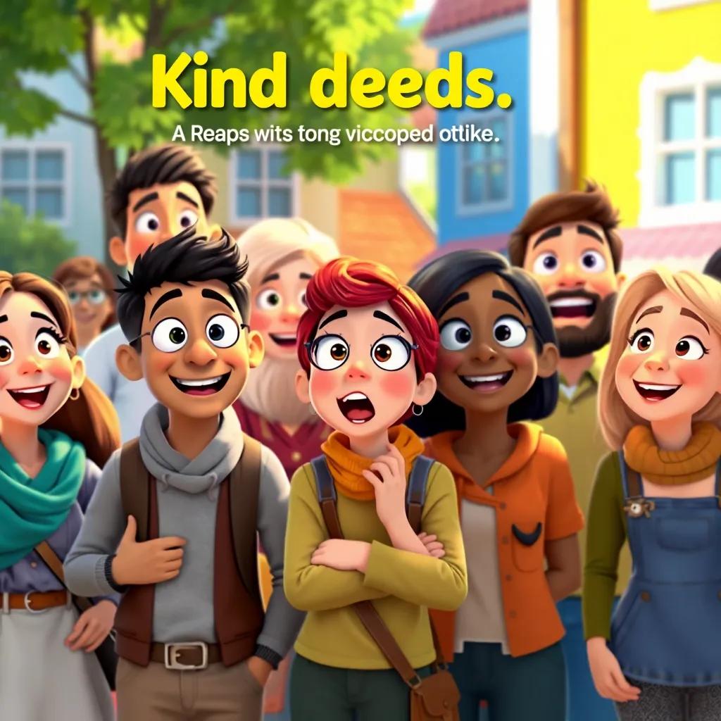 A group of townspeople looking surprised and smiling at the kind deeds happening around them, joyful expressions, cheerful colors, community spirit, bright and colorful scene