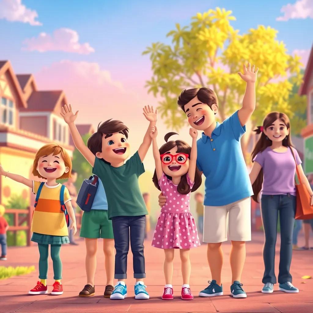Kids and adults in Brightville performing acts of kindness, holding hands, feeling joyful together, merging colors and warmth, happy and uplifting, ideal composition