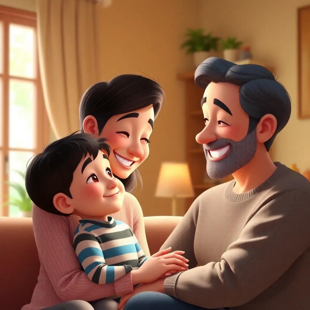 Oliver's parents smiling with pride, looking at their son, warm home atmosphere, happy ending, soft light and warm colors, touching moment, heartwarming