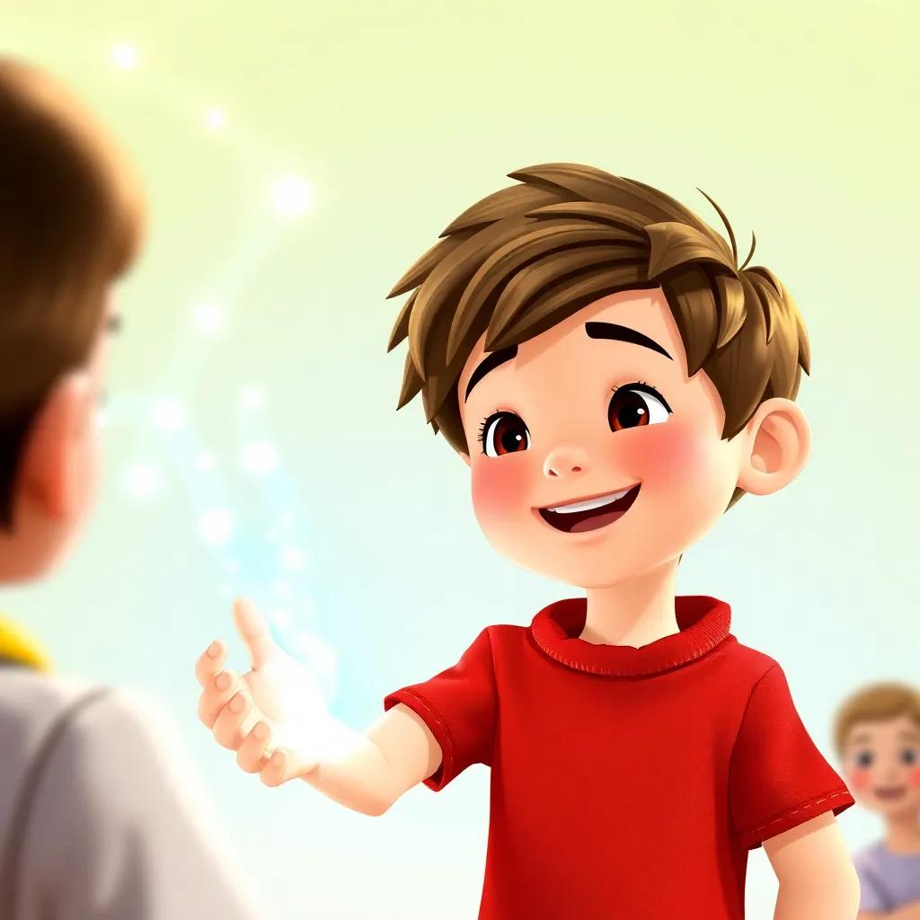 Oliver, a smiling boy with brown hair and a red shirt, using his magical gift to help others, showing compassion, bright background, joyful and bright, engaging details