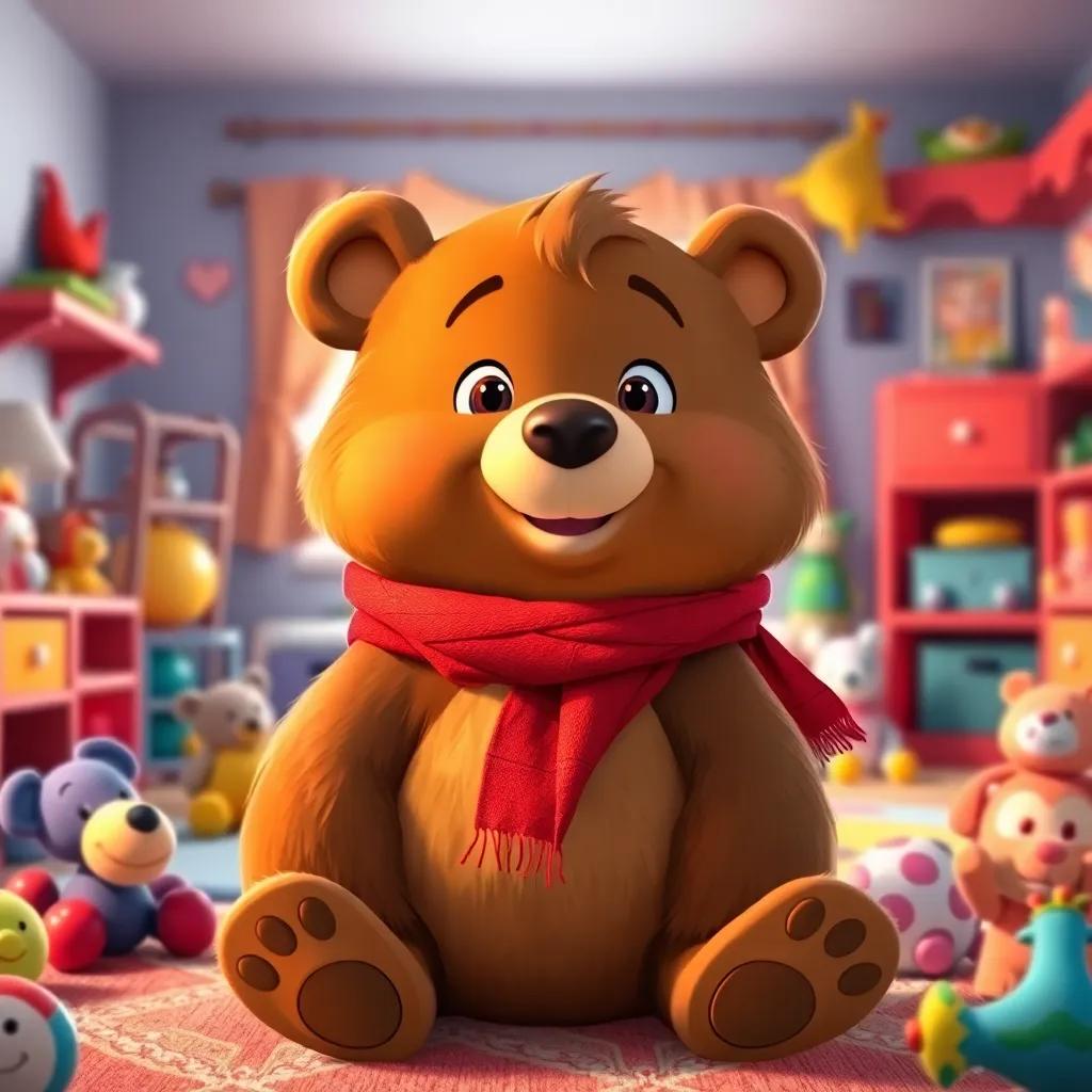 A brave bear named Benny with soft brown fur and a bright red scarf, sitting in a colorful child's bedroom surrounded by toys, digital art, cheerful, vibrant colors, cozy atmosphere, high quality