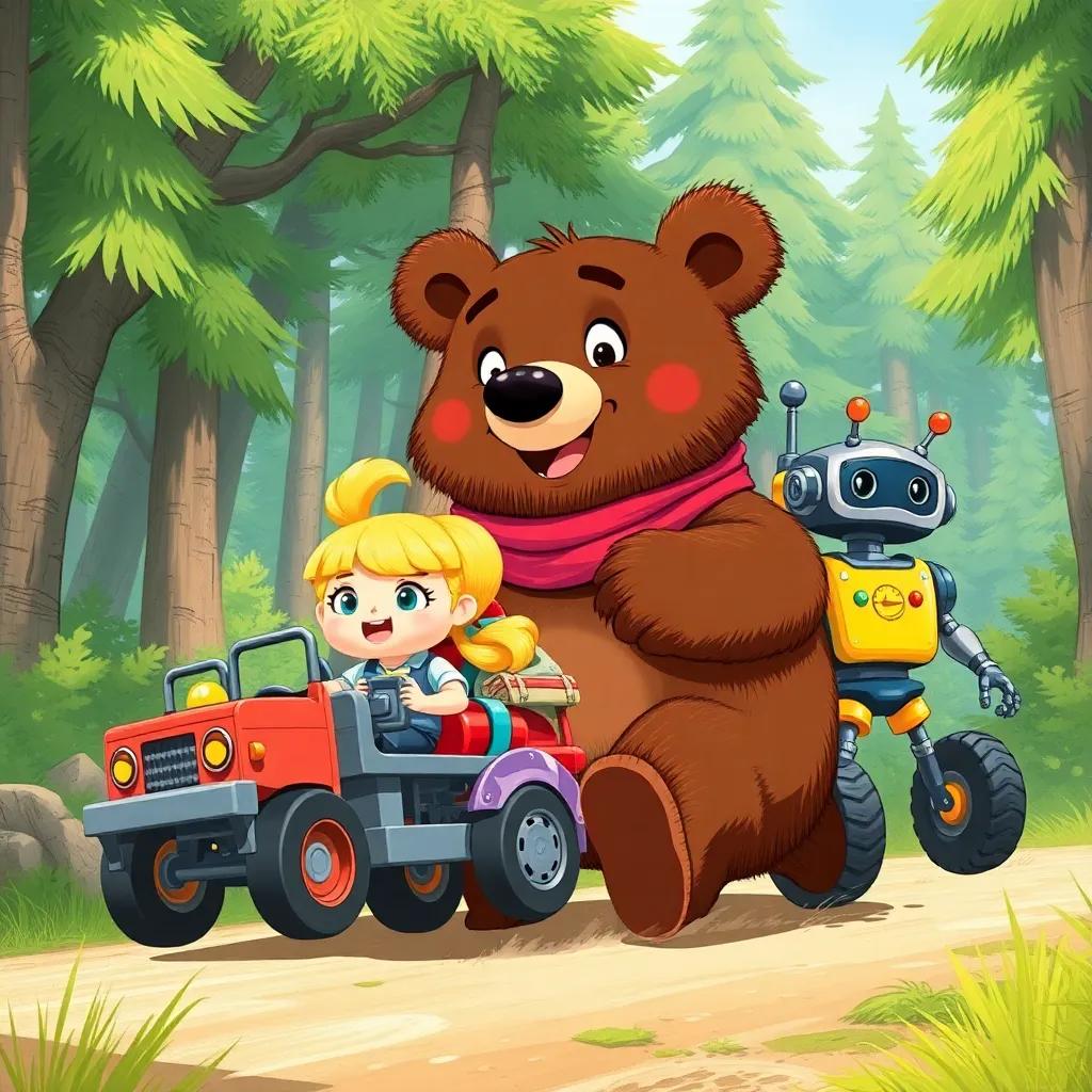 Benny the bear with friends Timmy the toy truck, Bella the doll with yellow hair, and Rocky the shiny robot, rolling through a sunny forest, detailed illustration, adventure vibe, bright colors, joyful scene, high quality