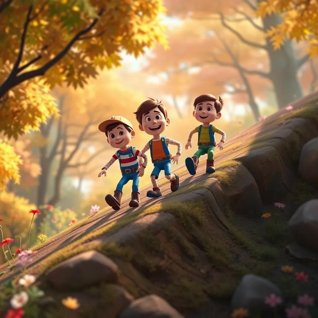 The toys climbing a hill with smiles and teamwork, Benny leading the way, colorful trees and flowers around them, digital painting, uplifting, nature-inspired, warm light, high quality