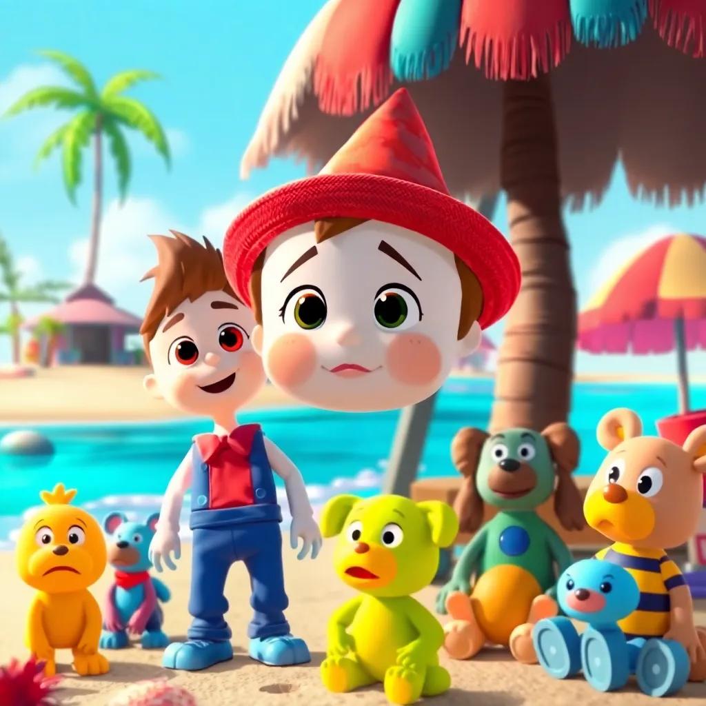 Benny and friends arriving at the Island of Forgotten Toys, colorful toys looking sad, beach and palm trees in the background, cartoon style, heartwarming, soft colors, inviting atmosphere, high quality