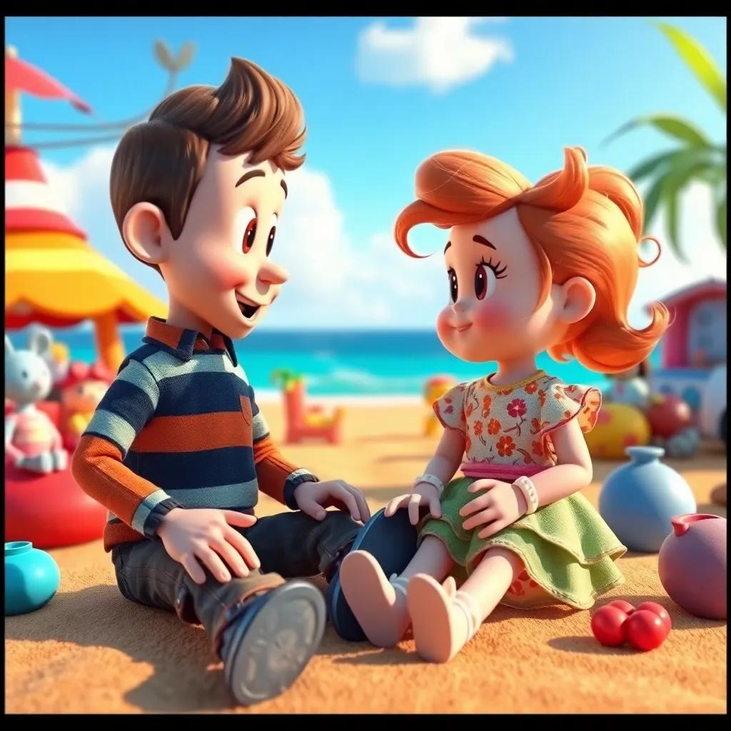 Benny talking to Daisy, a forgotten doll with dusty clothes, in a bright and cheerful setting on the island, vibrant toys in the background, digital art, friendly vibe, warm light, high quality