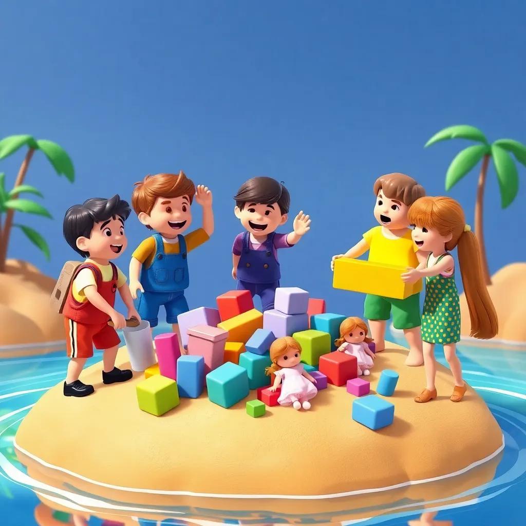 The toys working together to clean the island, picking up blocks and dusting off dolls, playful and fun scene with laughter, detailed illustration, teamwork theme, bright colors, high quality