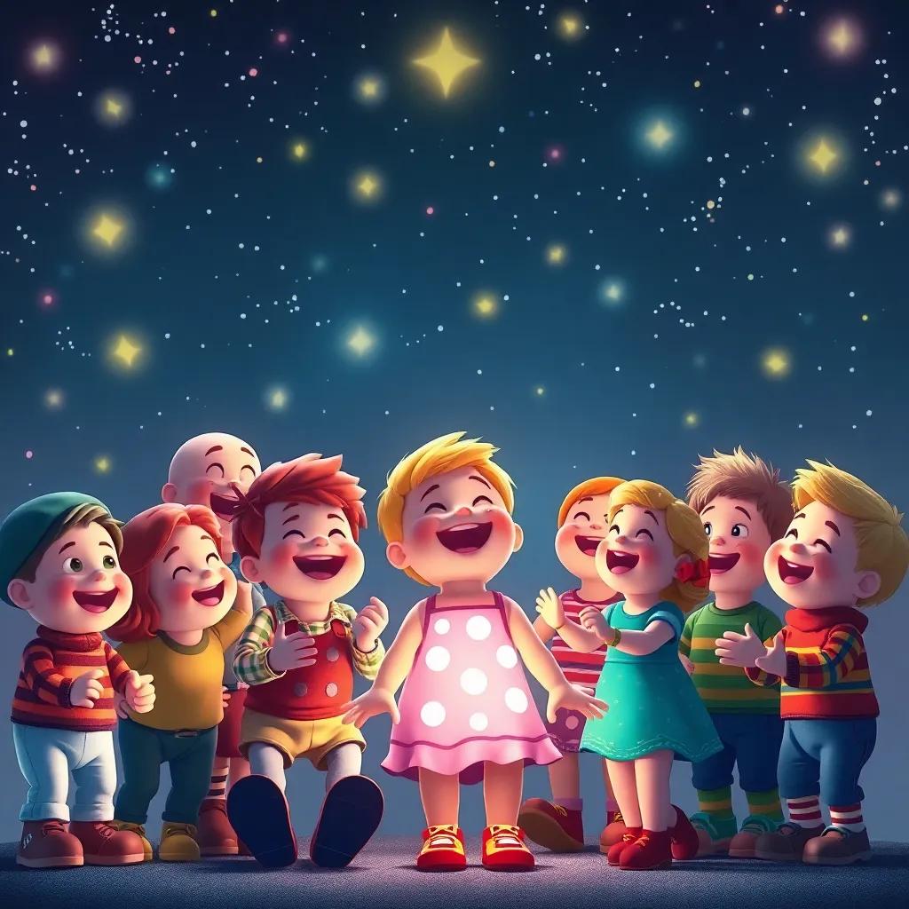The toys gathered together under a starlit sky, singing and dancing with joy, colorful lights and happy expressions, digital painting, cheerful, magical atmosphere, warm colors, high quality