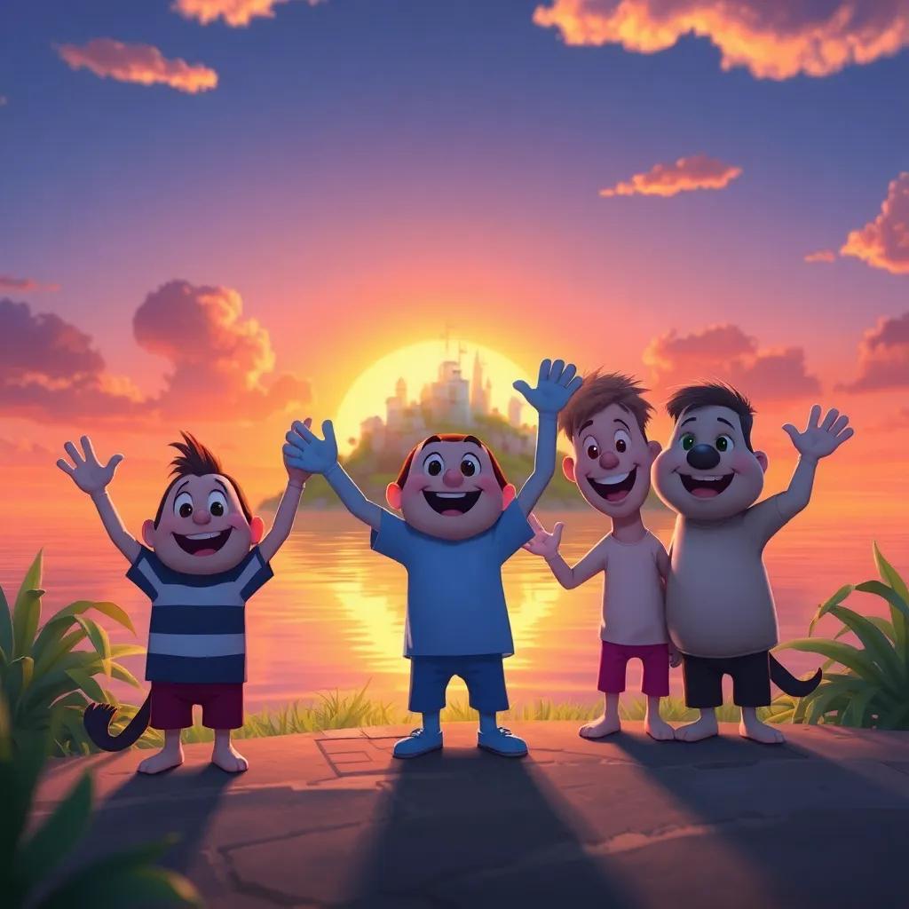 Benny and his friends waving goodbye to the island, smiles on their faces as they promise to return, sunset in the background, digital art, heartwarming, nostalgic, beautiful colors, high quality
