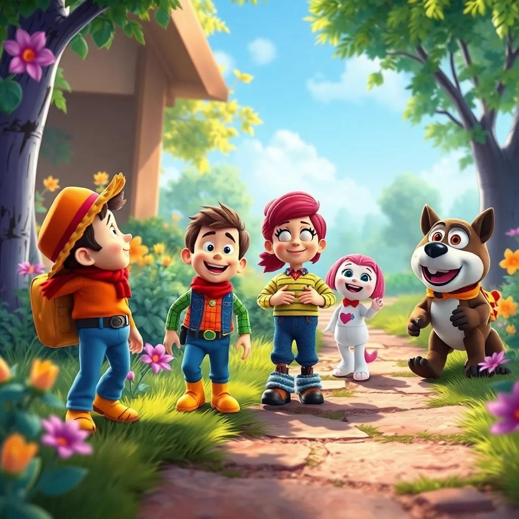 The toys chatting happily on their way home along a cheerful path, Benny, Timmy, Bella, and Rocky laughing together, vibrant nature around them, colorful illustration, enchanting, harmonious vibe, high quality