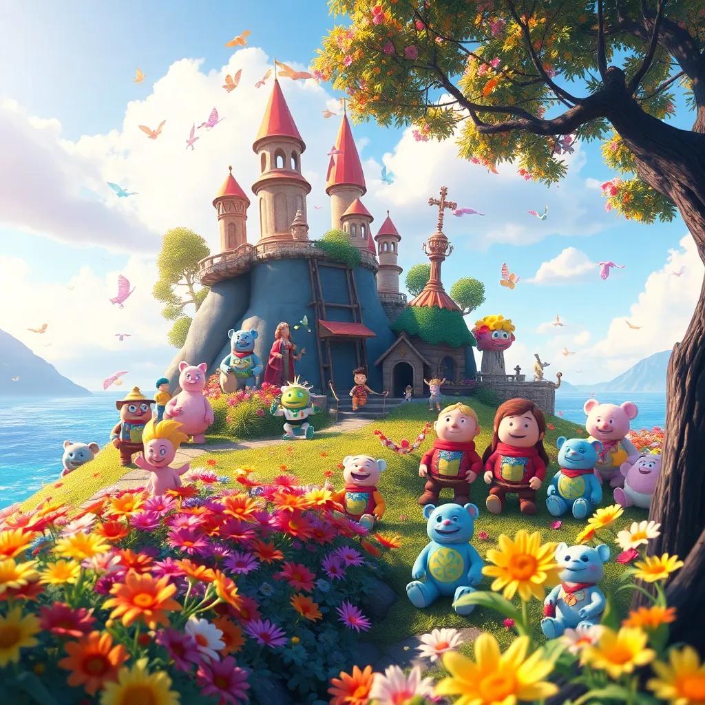 A beautiful scene of the Island of Forgotten Toys, now lively and filled with happy toy characters, surrounded by colorful flowers and bright skies, digital painting, joyful undertone, inviting atmosphere, high quality