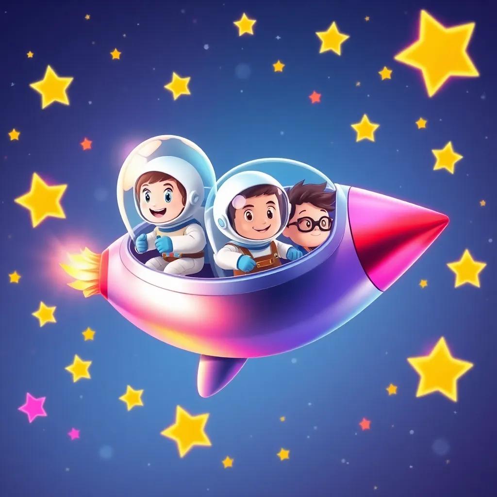 A shiny rocket, with three astronauts inside, one wearing a space suit, one with a tool belt, and one with glasses, zooming through colorful stars in space, digital art, bright and vivid colors, cheerful atmosphere, high quality