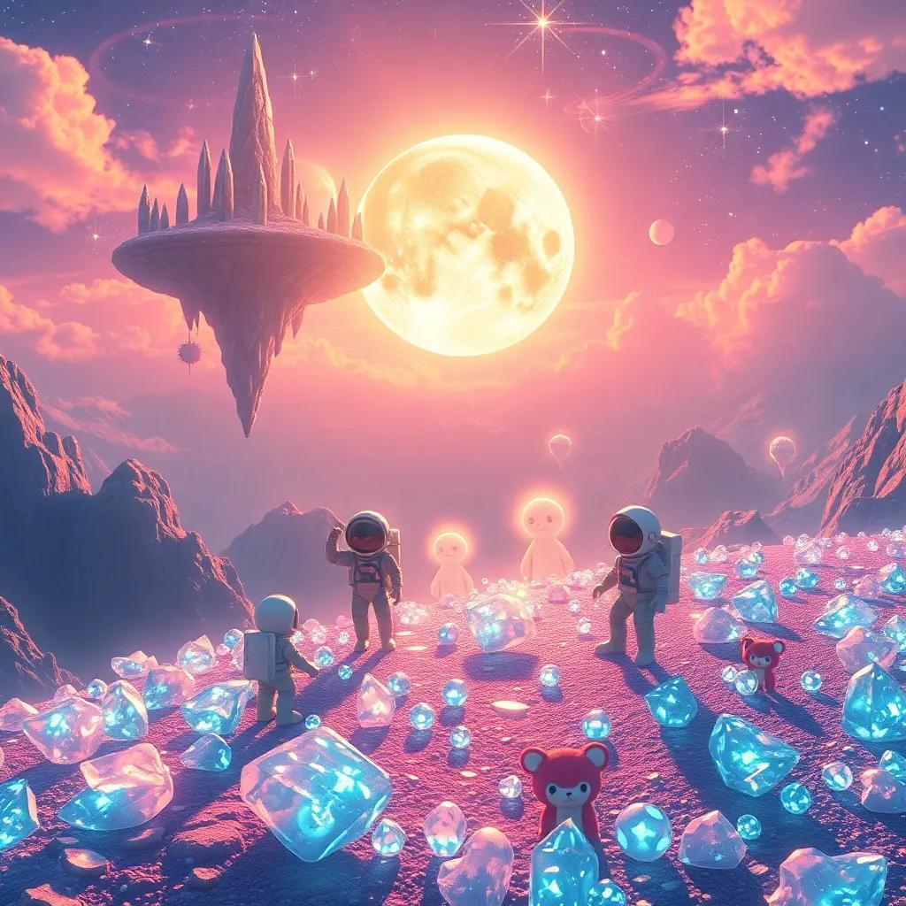 A sparkling planet Xyron with shimmering crystals on the ground and floating islands in the sky, three astronauts interacting with glowing, soft creatures, colorful art, magical and enchanting scenery, high quality