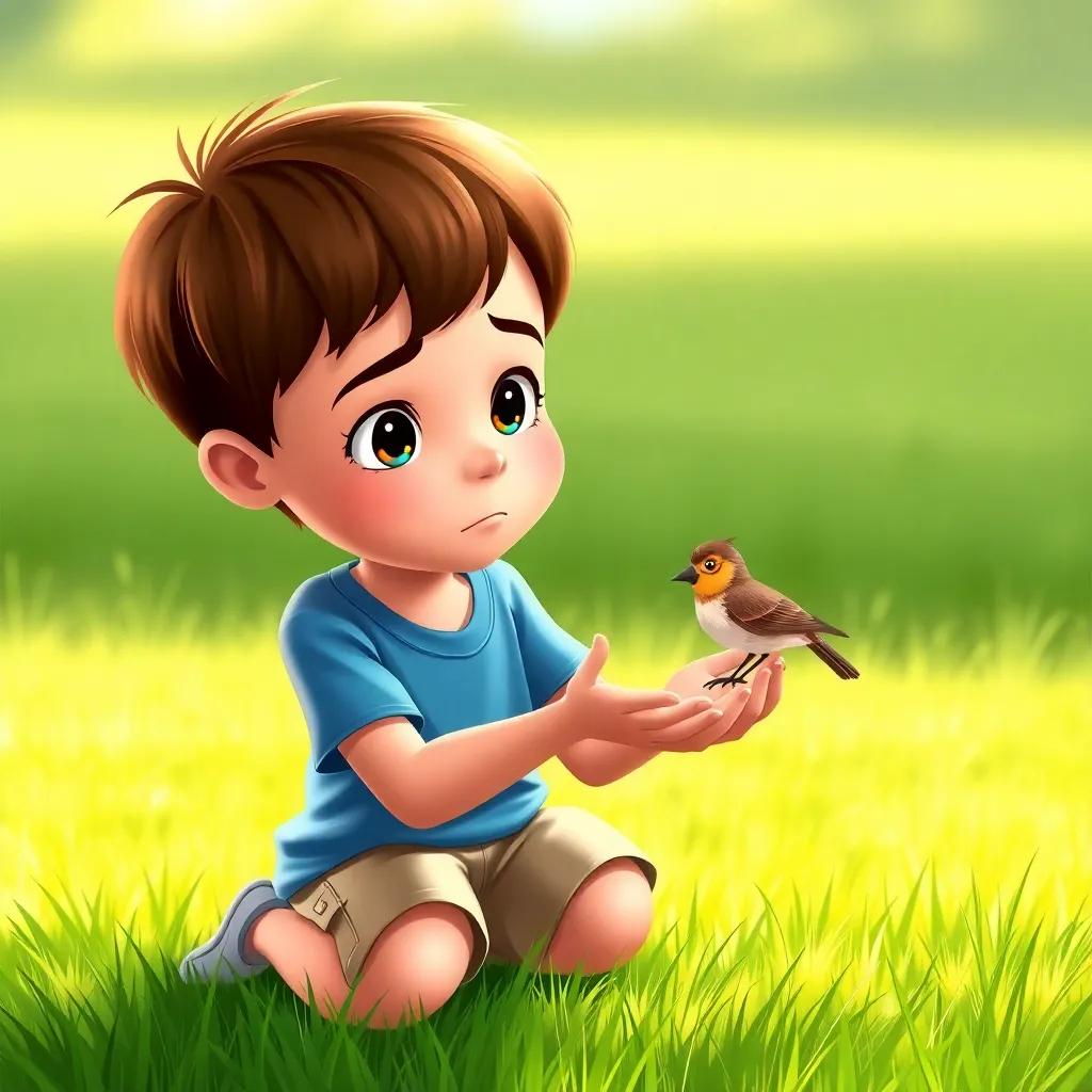 A young boy, Sam, with short brown hair, wearing a blue t-shirt and khaki shorts, holding a small injured bird in his hands, kneeling on green grass with a concerned expression, illustration, bright colors, emotive scene, child-friendly, uplifting