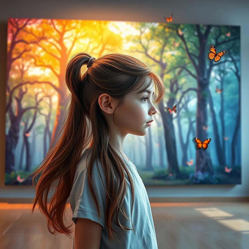 Emma, a thirteen-year-old girl with long brown hair in a ponytail, standing in front of a large canvas painted with a magical forest, butterflies fluttering around her, inside a bright gallery, digital painting, artistic theme, inspiring setting, high quality.