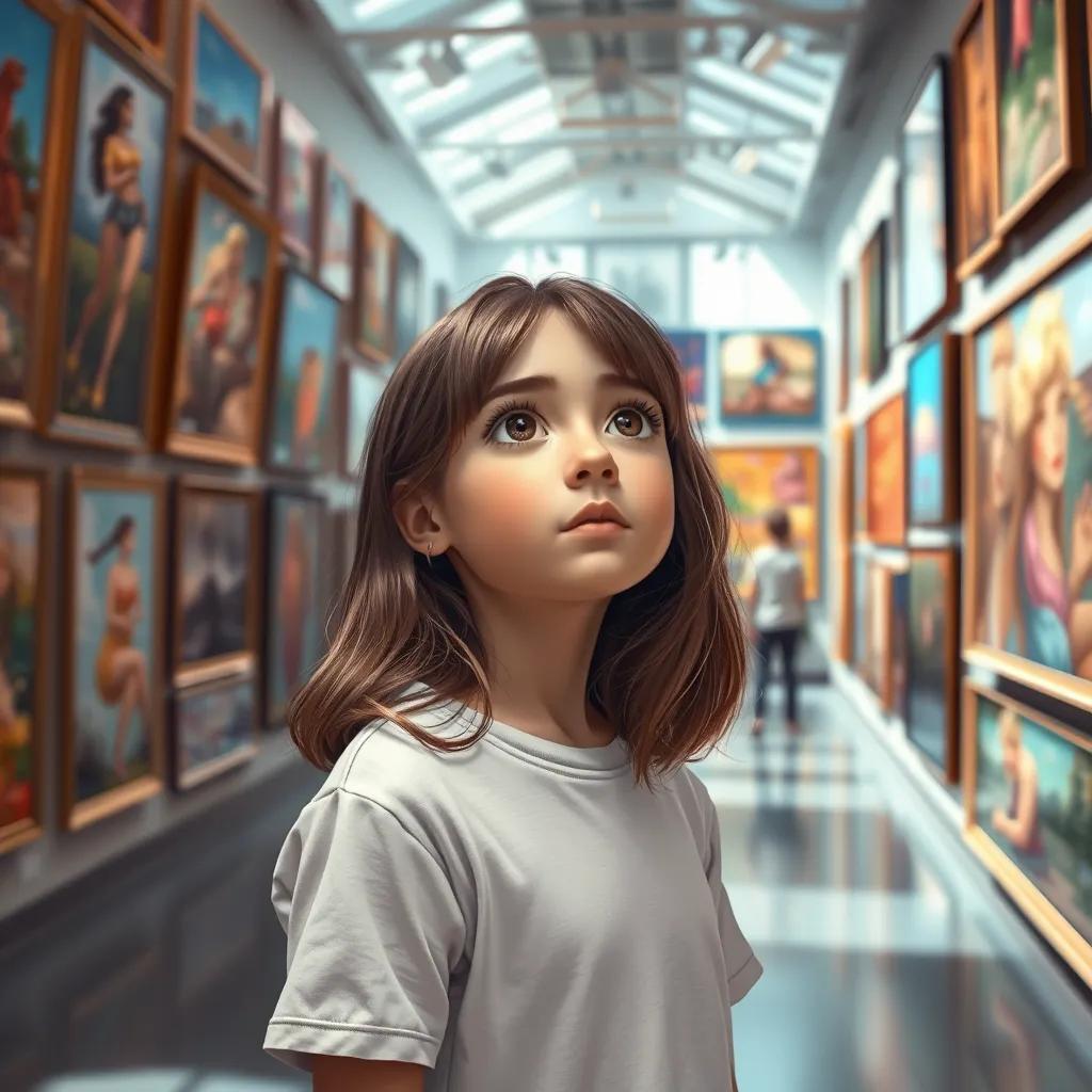 Emma, a thirteen-year-old girl with long brown hair, looking around in wonder at an art gallery filled with diverse artworks, walls adorned with colorful paintings, natural light flooding in, digital art, lively and inviting atmosphere, high quality.