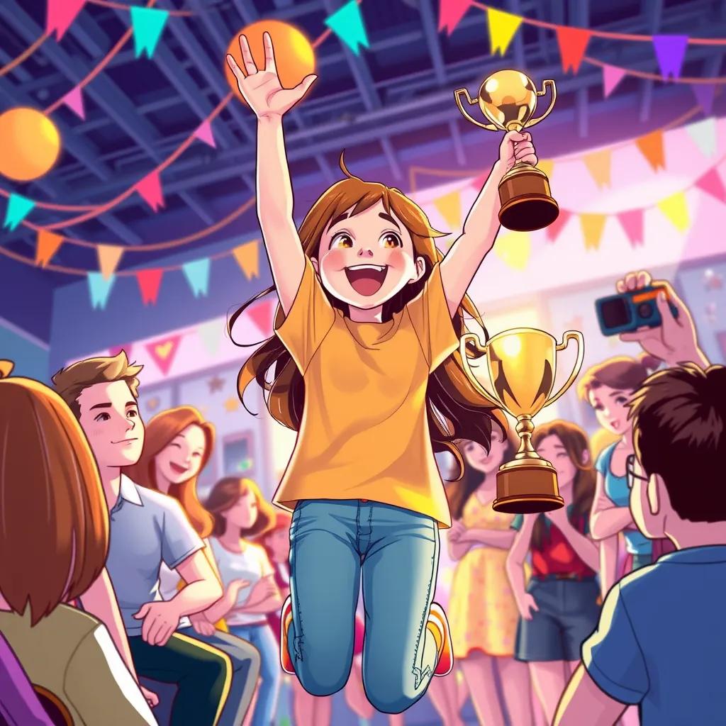 Emma, a thirteen-year-old girl with long brown hair, jumping in joy as her name gets called at an art contest, surrounded by friends and family, colorful decorations and a shiny trophy in her hands, digital illustration, exciting moment, joyful and bright, high quality.