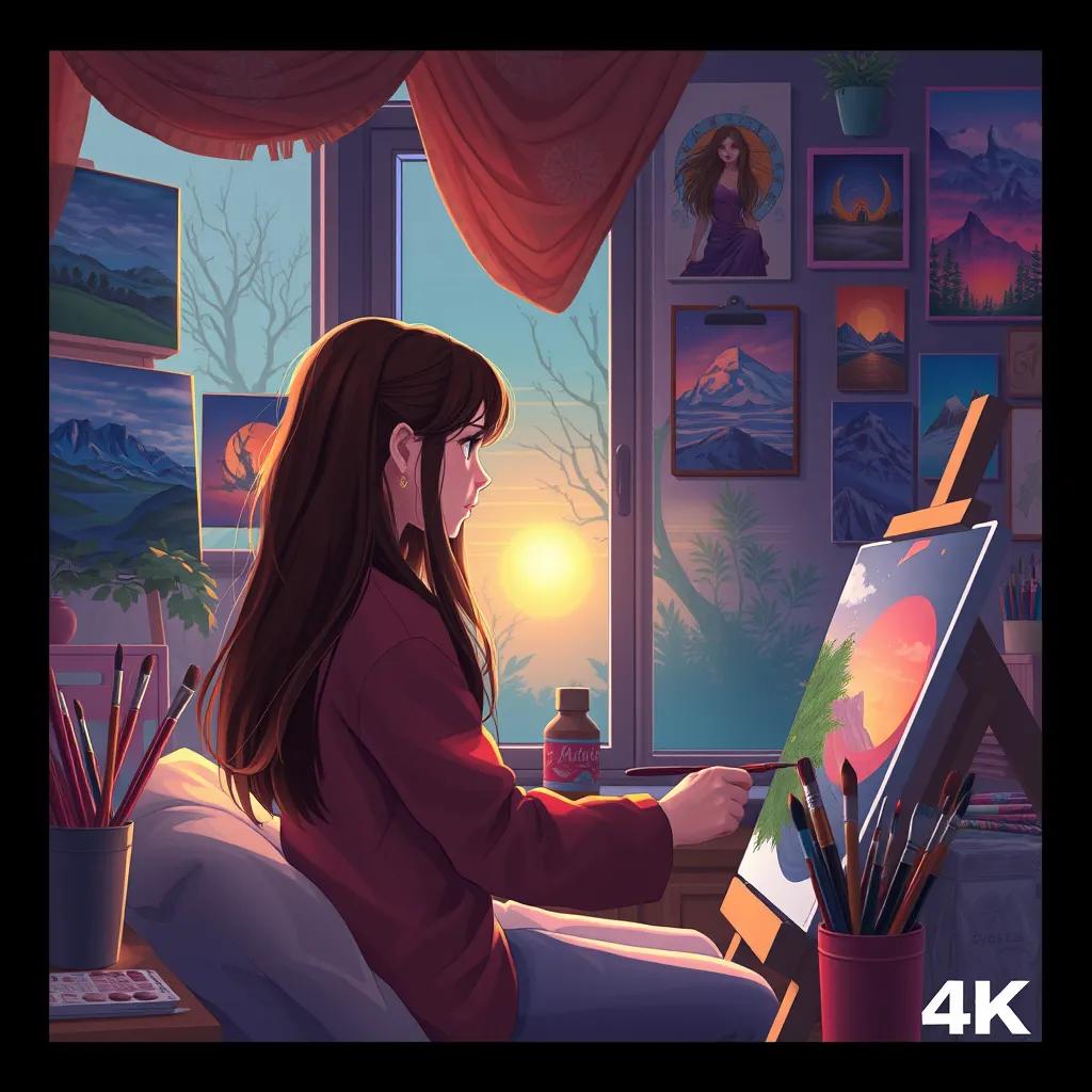 Emma, a thirteen-year-old girl with long brown hair, painting in her cozy room adorned with completed artworks, surrounded by her paints and brushes, a sunset shining through the window, digital art, warm colors, creative and inspiring atmosphere, high quality.