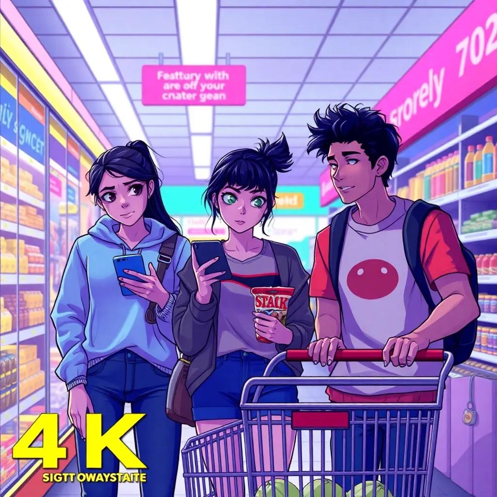 Three friends, Davina, Amor, and Rey, at a grocery store, with Davina looking at her phone worriedly, Amor holding snacks, and Rey pushing a cart, bright lights, busy scene, digital art, vibrant colors, lively atmosphere, high quality