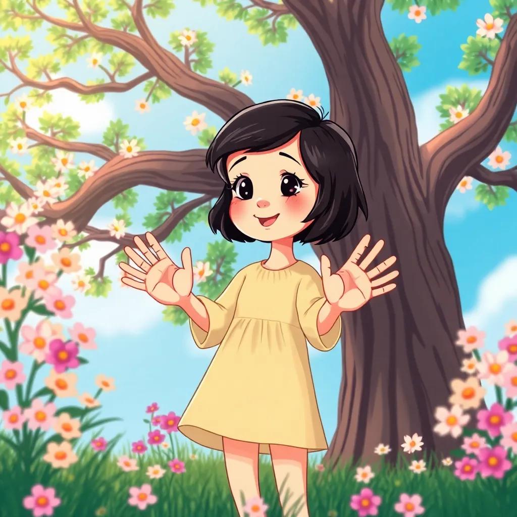 Helen Keller, a brave girl with short dark hair in a simple dress, standing under a big tree, reaching out her hands with excitement as she feels the patterned letters of the alphabet, surrounded by blooming flowers and blue sky, cheerful, vibrant colors, illustration, child-friendly
